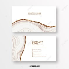 two business cards with gold foil and marble texture on the front, side and back