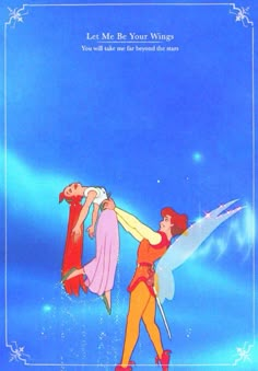 the little mermaid and tinkerbell are flying through the sky together with each other