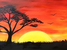 a painting of a sunset with birds flying in the sky and trees silhouetted against it