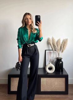 Fall in love with the luxurious feel of satin and silk with these chic outfits! Explore classy ideas that effortlessly blend comfort with a touch of sophistication. This outfit with black wide leg pants and an emerald button up satin shirt is just one example that's perfect for a party or the office! Outfit Inspo 2023, Pants, Outfit Inspo, Clothes, Trousers