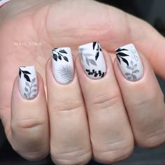 Simple Plant Nail Designs, White Nails With Black Designs, Nails Hojas, Nail Stickers Designs Ideas, Dahlia Nails, Acrylic Nail Designs Coffin, Pedicure Designs Toenails, May Nails