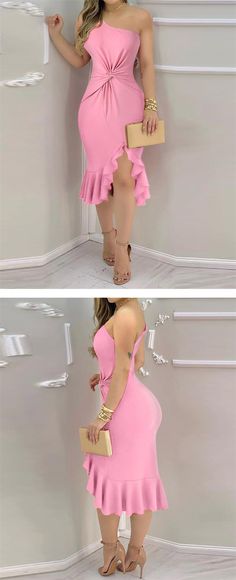 Elegant Pink One-shoulder Knee-length Dress, Pink Knee-length One Shoulder Party Dress, Pink One-shoulder Club Dress, Off-shoulder Pink Mini Dress For Cocktail, Pink Sleeveless One-shoulder Cocktail Dress, Pink Cocktail Dress, One Shoulder, Cocktail Dress, Pink