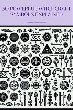 an image of symbols in black and white with the words, 50 powerful witchcraft symbols