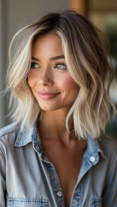 30 Irresistible Chin-Length Haircuts to Rock This Fall Lob Hairstyle Blonde, Blond Bobs For Fine Hair, Bob Hairstyles For Fine Hair Round Face, Platinum Hair With Dimension, Bob On Fine Hair, Lob For Round Face Fine Hair, Blonde Lob Round Face, Short Hair Fall Color Ideas, Cool Blonde Bob