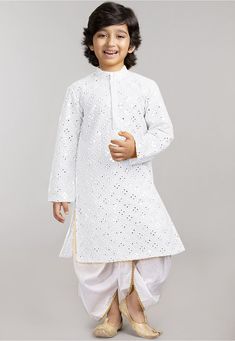 Readymade Faux Georgette Kurta in Off White This Chinese Collar and Full Sleeves attire is Enhanced with Resham, Mirror and Patch Border Work Available with a Poly Cotton Dhoti Pant in Off White Do note: Footwear shown in the image is for presentation purposes only. Half to one inch may vary in measurement. (Slight variation in actual color vs. image is possible) White Kurta With Mirror Work For Diwali, Diwali White Kurta With Mirror Work, White Mirror Work Kurta For Diwali, White Churidar With Mirror Work For Transitional Season, White Sherwani With Mirror Work For Eid, White Traditional Wear With Mirror Work For Transition Season, White Traditional Wear With Mirror Work For Transitional Season, Transitional White Traditional Wear With Mirror Work, White Churidar With Mirror Work For Navratri