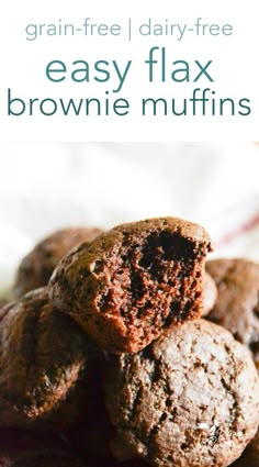 chocolate brownie muffins stacked on top of each other with text overlay