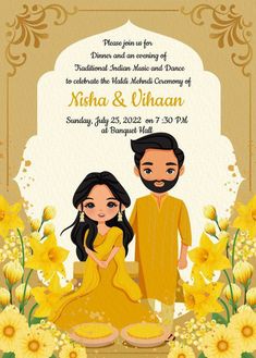 Haldi Invitation, Groom Illustration, Cartoon Wedding Invitations, Caricature Wedding Invitations, Wedding Illustration Card, Bride And Groom Cartoon, Hindu Wedding Invitation Cards, Wedding Couple Cartoon, Digital Wedding Invitations Design