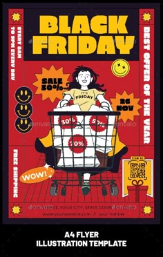 a black friday flyer with a shopping cart on the front and side, it is in red