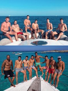 the men are posing for pictures on the boat