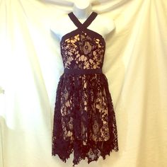 Beautiful Deep Navy Embroidered Lace Over Flesh-Tone Underlay. Spring Mini Dress With Contrast Lace For Night Out, Spring Evening Mini Dress With Lace Work, Spring Dress With Contrast Lace For Date Night, Spring Date Night Dresses With Contrast Lace, Spring Date Night Dress With Contrast Lace, Spring Cocktail Lace Dress With Lace Work, Spring Evening Dress With Contrast Lace, Evening Dress With Contrast Lace For Spring, Scalloped Lace Dress For Spring Night Out