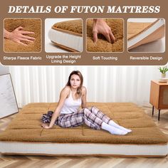 a woman sitting on top of a mattress with the words details of futon mattress