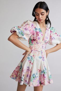 April Short Dress Feminine Chic Style, Hemant And Nandita, Feminine Chic, Ditsy Floral Print, Printed Dresses, One Moment, Short Mini Dress, Puffy Sleeves, Ditsy Floral