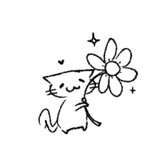 a black and white drawing of a cat holding a flower