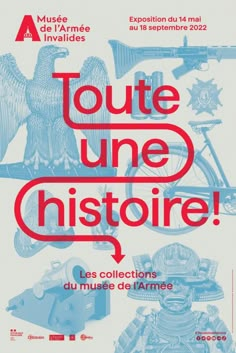 a poster with the words toure une chistoire written in red and blue