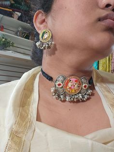 Silver alike choker Earrings Brass made Traditional Handmade Silver Choker, Traditional Metal Choker With Oxidized Finish, Silver Meenakari Choker For Ceremonial, Antique Silver Metal Choker, Silver Vintage Brass Choker, Choker Necklace Set, Gold Necklace Set, Ancient Jewelry, Necklace Set