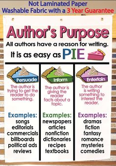 a poster on the side of a building that says author's purpose it is easy as pie