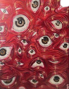 an art work with many different eyes in red and gold colors on a white background