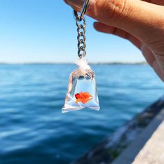 a hand holding a small bag with a goldfish in it hanging from a chain