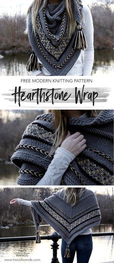 a woman wearing a knitted shawl with text overlay that reads, free modern knitting pattern heartfishbone wrap