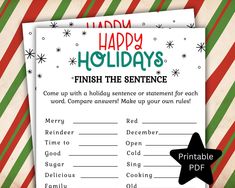 This Finish the Sentence game is sure to get people talking and laughing at your holiday celebration. Perfect game for a Christmas Party, church gathering, work party and more! This game is printable! PDF file you will receive: Holiday Finish The Sentence NOTE: THIS IS A DIGITAL PRODUCT After purchase, you will receive a download link. Easily print your games out at home, or at a print shop like Walgreens. Cardstock is recommended for a professional, sturdy result. Due to the nature of this product, I do not accept returns. If you have any issues with your purchase, please contact me! *This product is for personal use only. Please do not resell or redistribute this item. Thank you! Finish The Sentence Game, Christmas Game For Kids, Activity For School, Finish The Sentence, Holiday Party Game, Printable Christmas Games, Christmas Games For Kids, Holiday Party Games, Christmas Game