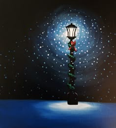 a painting of a lamp post with a christmas tree on it and stars in the background