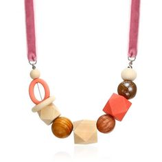 Material: Copper, Acrylic, Wood, RopeBead Size: 1.5-2cmWeight: 25gLength: 49cm, 7cm extensionDesign: Wood and Acrylic Beads Geometric Shapes Necklace Color: Red, Pink, Black, Wood, Silver