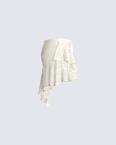 Be everyone's fantasy in this whimsical ivory lace mini skirt 🤩 Crafted from lightweight lace fabric - it features tiered ruffles, an asymmetrical back body, a front drawstring bow, and a lettuce edge for the ultimate sweet, and dreamy flair ✨ Chic Lace Skirt With Ruffle Hem, Elegant Lace Skirt With Ruffle Hem, Lace Mini Skirt For Summer Party, Lace Mini Skirt For Party, Cream Lace Party Bottoms, White Ruffled Skirt For Party, Party Skirt With Cream Ruffles, Chic Lace Skirt With Ruffles, White Lace Bottoms With Ruffle Hem