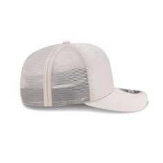 a white trucker hat with mesh on the front and side panel, facing forward