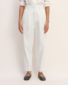 The TENCEL™ Way-High® Taper Pant White – Everlane Loosely Fitted Tapered Leg Bottoms For Daywear, Spring Everyday Tapered Pants, Spring Tapered Everyday Pants, Summer Workwear Tapered Leg Chinos, Summer Workwear Chinos With Tapered Leg, Spring Tapered Bottoms With Belt Loops, Business Casual White Long Pants, White Tailored Casual Bottoms, White Long Pants For Business Casual