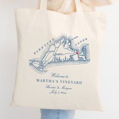 a tote bag with the map of martha's vineyard in blue on it