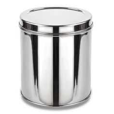 a stainless steel trash can on a white background