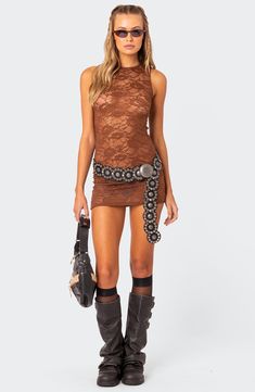 Date night is calling in this supersultry minidress crafted from sheer floral lace in a figure-hugging silhouette. Slips on over head Crewneck Sleeveless Sheer; base layer shown not included Unlined 95% polyester, 5% spandex Machine wash, dry flat Imported Rave Dress Outfits, Btv Outfits, Ootd Festival, Rave Bae, Coachella Fits, Coachella Outfits, Festival Fits, Rave Fits, Festival Outfits Rave