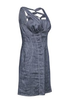 Get ready for summer with this sleeveless sheath style by Etcetera. This corset-like design features contrast stitching with front pockets for a fun take on a denim dress. Perfect on its own for the summer heat or worn in the fall with a fitted long sleeve tee underneath. Size 8 Shell 52% Linen, 45% Cotton, 3% Elastane Lining 94% Polyester, 6% Spandex Sheath silhouette Corset style bodice Contrast stitching Open back Concealed side zipper Bust 36" Waist 32" Shoulder to hem 35.25" Fitted Sleeveless Cotton Denim Dress, Fitted Denim Dress With Pockets For Summer, Summer Fitted Denim Dress With Pockets, Chic Spring Dress With Seam Detailing, Fitted Denim Dress For Summer Workwear, Fitted Denim Dress For Workwear In Summer, Fitted Summer Dress With Seam Detailing, Sleeveless Summer Denim Dress With Back Zipper, Elegant Sleeveless Denim Dress For Summer