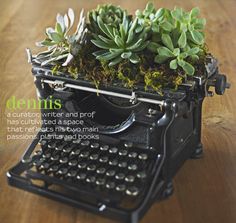 an old typewriter with plants growing out of it on the cover of a magazine