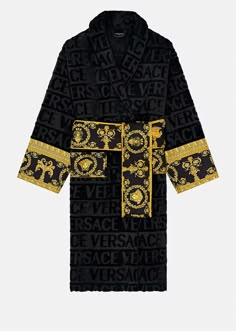 Versace I ♡ Baroque Bathrobe in Black | Versace US Mens Lounge Wear, Versace Bathrobe, Linen Bathrobe, Versace Gown, Terry Robe, Versace Logo, Paper Dress, Versace Home, Frou Frou