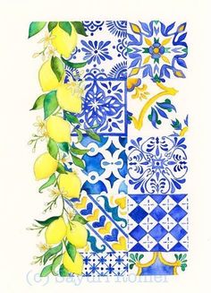 a watercolor painting of lemons and blue tiles with green leaves on the border