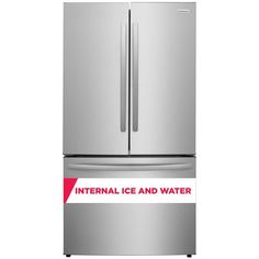 a stainless steel refrigerator with the words international ice and water on it