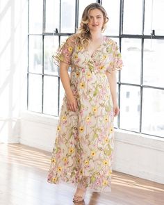 Embroidered Elegance Evening Gown in Sunkissed Garden Print Plus Size Formal Dress, Ethereal Style, Floor Length Maxi Dress, Mesh Gown, Mesh Embroidery, Plus Size Formal Dresses, Plus Size Formal, Seam Allowance, Black Tie Affair