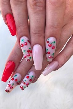 Pink Summer Nails, Cute Pink Nails, Cherry Nails, Polka Dot Nails, Nail Design Inspiration, Dots Nails, Coffin Shape Nails, Her Nails