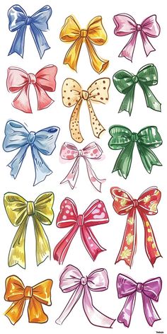 different colored bows are shown in this drawing technique, and each one has an individual's own name on it