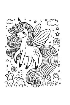 a black and white drawing of a unicorn with stars on it's head, surrounded by clouds