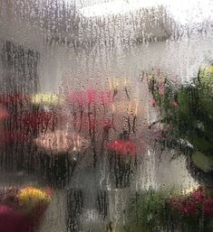 the window is covered with rain and flowers