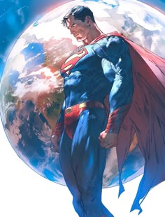 superman standing in front of the earth with his hands on his hips and looking down