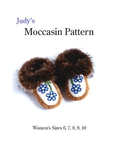 This full size pattern is for making Woodlands style moccasins in women's sizes from 6 to 10. Complete instructions are included for making moccasins with fur trim. Included is a book list for further inspiration.  You will need leather (moose, deer or elk hide is best), finely woven wool fabric such as Melton cloth, artificial sinew, a leather needle, polar fleece for the lining with matching sewing thread. Check out my new book of beadwork designs that you can use to decorate your moccasins. T Baby Moccasin Pattern Native Americans, Mukluk Pattern, Baby Moccasin Pattern, Moccasins Pattern, Native American Moccasins, Moccasins Boots, Handmade Moccasins, Moccasin Pattern, Leather Baby Moccasins