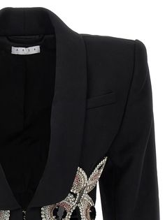 Embroidered Butterfly Cropped' wool blazer with crystal appliqué, front hook closure, long sleeves, and padded shoulders. Composition: 99% virgin wool 1% lyly Embroidered Butterfly, Saint Laurent Shoes, Womens Blazers, Wool Blazer, Yoga Wear, Blouse Dress, Leather Accessories, Luxury Boutique, Flip Flop