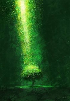 an abstract painting of a green light coming from the top of a tall tree in front of a dark background