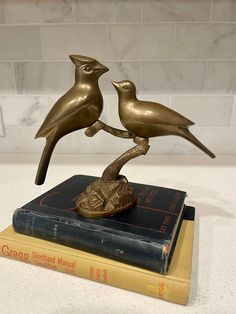 two bronze birds sitting on top of a book next to a white tile backsplash