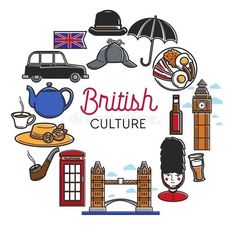 the british culture and its symbols in a circle royalty illustration