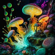 some very pretty colorful mushrooms in the dark