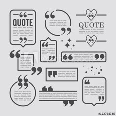 a set of speech bubbles with quote and question marks in black on a gray background